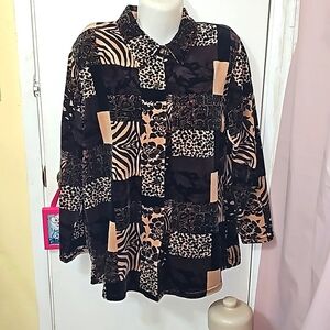 Vintage velour long sleeve button down top animal print floral mix match 90s